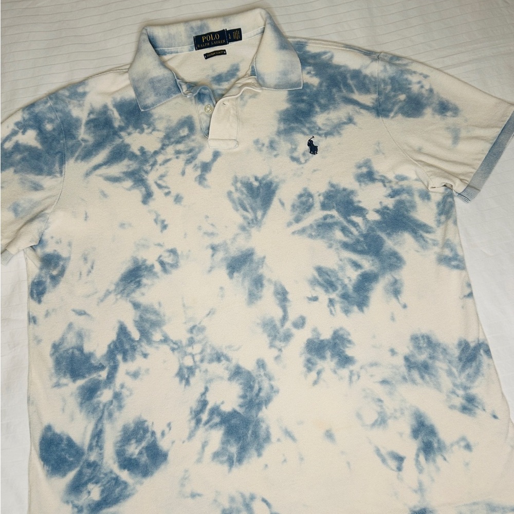 Polo Ralph Lauren Polo Shirt Mens Large White Blue Tie Dye Batik Slim Fit - Picture 7 of 10